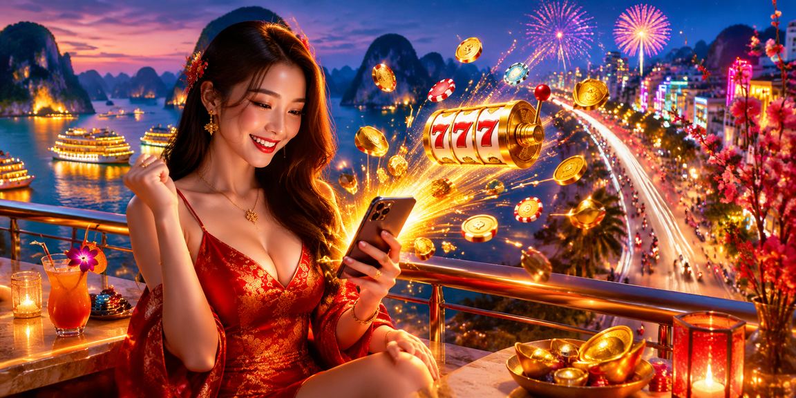 Người chơi slot game neon đêm tại Hạ Long Bay – không khí giải trí hiện đại