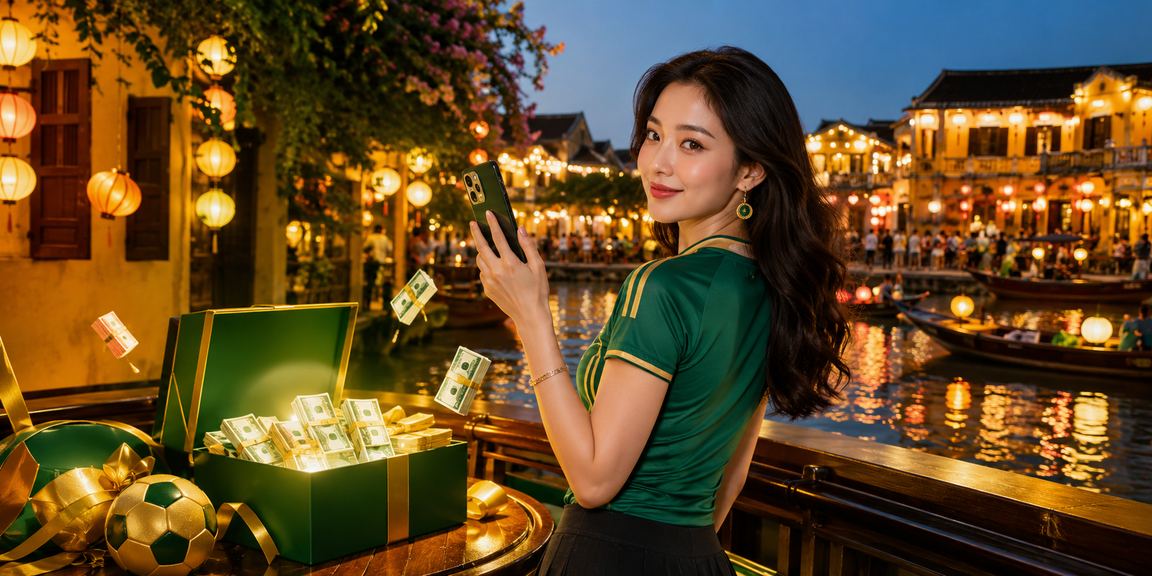 Người dùng chơi casino trên điện thoại tại phố đèn lồng Hội An về đêm