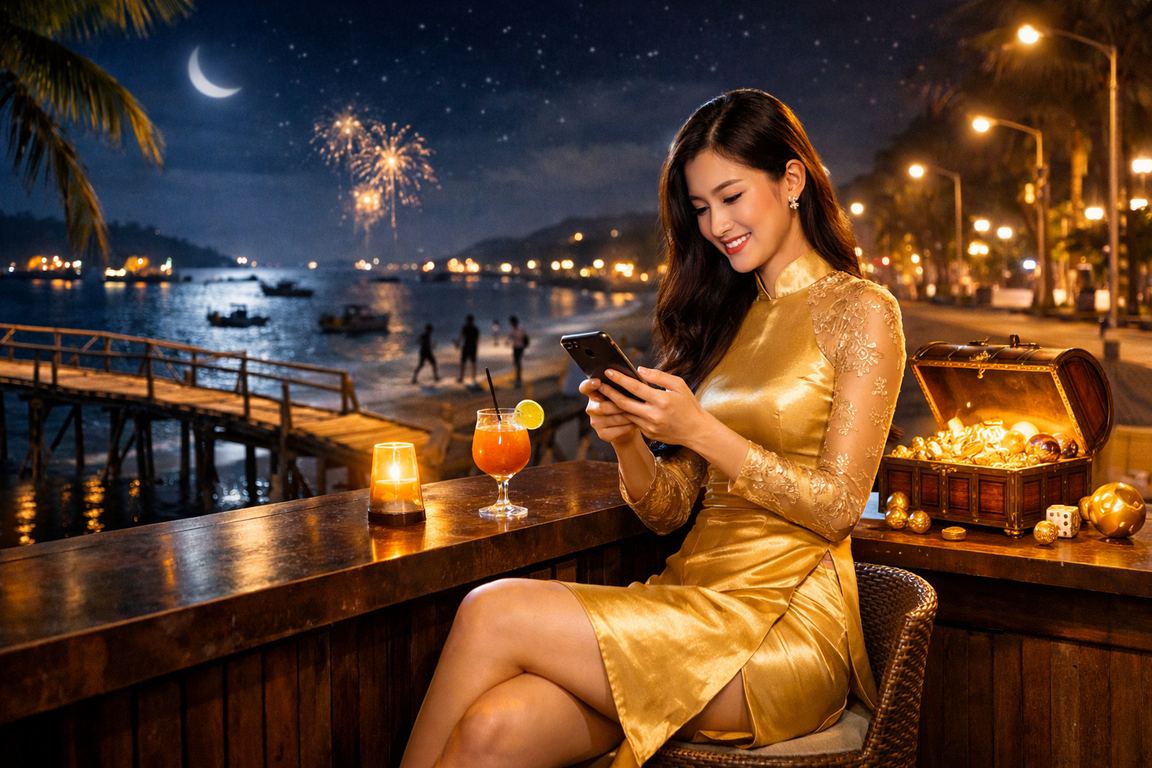 Người dùng tại Mũi Né mặc áo dài đăng nhập ứng dụng casino trên điện thoại di động